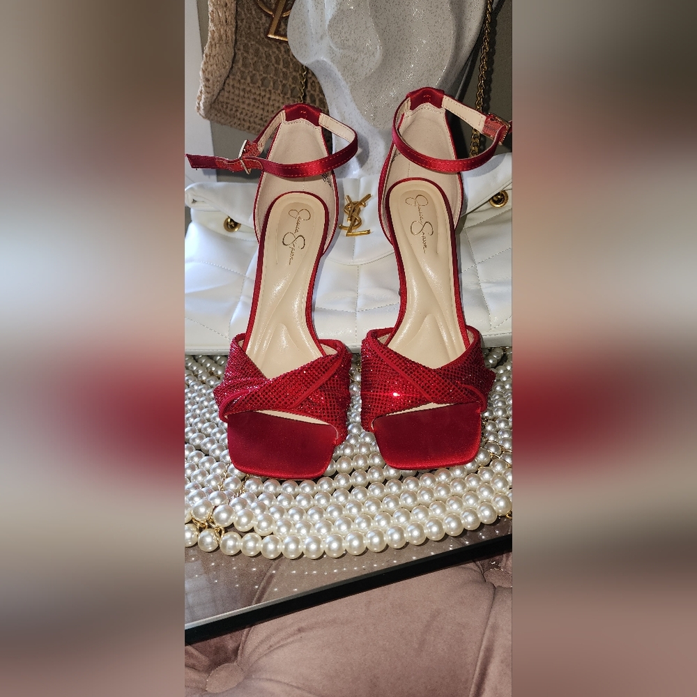 Jessica Simpson Red Arbia Rhinestone Heels Sz 6.5